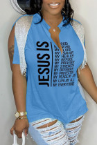 Blue Casual Letter Print Tassel Patchwork V Neck T-Shirts