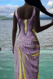Purple Casual Print Basic U Neck Vest Dress Dresses