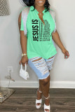 Grey Casual Letter Print Tassel Patchwork V Neck T-Shirts