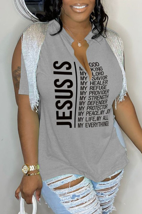 Grey Casual Letter Print Tassel Patchwork V Neck T-Shirts