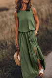 Yellow Work Elegant Solid Slit O Neck A Line Dresses