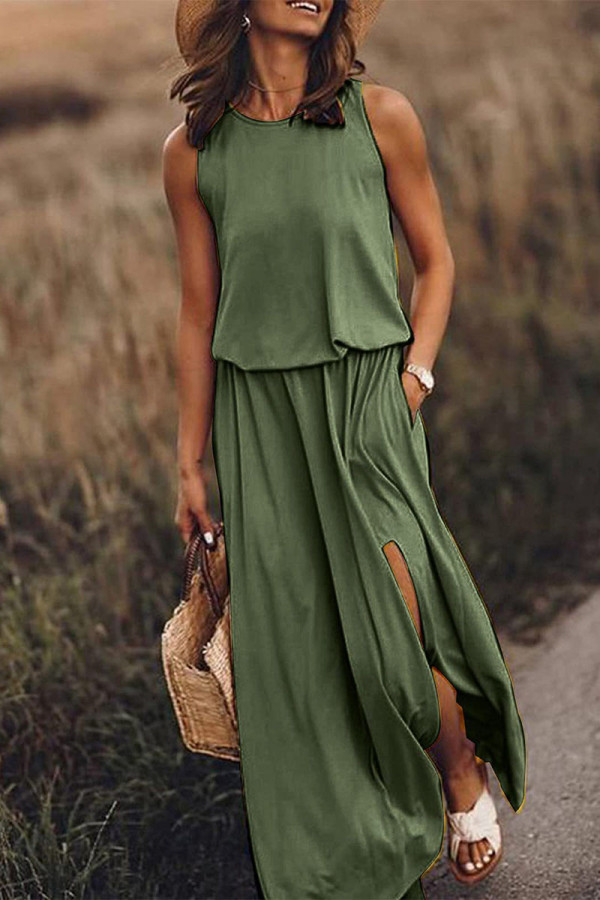Ink Green Work Elegant Solid Slit O Neck A Line Dresses