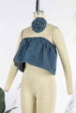 Blue Sexy Solid Patchwork Strapless Tops