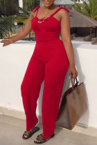 Red Sexy Casual Solid Bandage Backless Spaghetti Strap Regular Jumpsuits