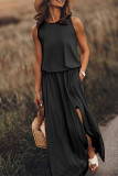 Yellow Work Elegant Solid Slit O Neck A Line Dresses
