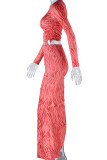 Tangerine Sexy Print Bandage Patchwork Draw String Slit O Neck Long Sleeve Two Pieces