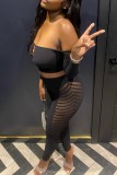 Black Sexy Solid Hollowed Out See-through Backless Off the Shoulder Long Sleeve Two Pieces
