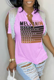Coffee Casual Letter Print Tassel Patchwork V Neck T-Shirts