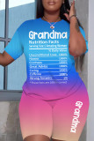 Blue Pink Gradual Change Letter Print Basic O Neck Short Sleeve Two Pieces