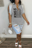 Grey Casual Letter Print Tassel Patchwork V Neck T-Shirts