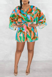 Yellow Sexy Print Patchwork With Belt V Neck Loose Rompers(With A Belt)