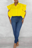 Yellow Casual Solid Patchwork Buckle Flounce Turndown Collar Tops