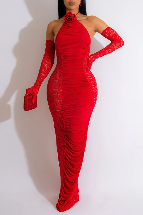 Red Sexy Solid Patchwork Fold Halter Pencil Skirt Dresses(Including The Sleeve)