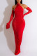 Red Sexy Solid Patchwork Fold Halter Pencil Skirt Dresses(Including The Sleeve)
