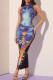 Colour Sexy Print Patchwork O Neck One Step Skirt Dresses