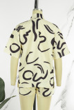 Apricot Casual Print Patchwork Buckle Turndown Collar Short Sleeve Three Pieces