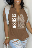 Grey Casual Letter Print Tassel Patchwork V Neck T-Shirts