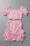 Pink Street Solid Patchwork Flounce Fold Square Collar Sleeveless Two Pieces