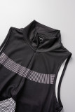Black Sexy Print Patchwork Zipper Collar Pencil Skirt Dresses