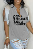 Coffee Casual Letter Print Tassel Patchwork V Neck T-Shirts