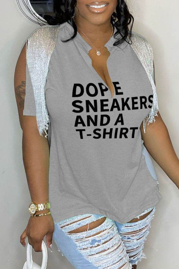 Grey Casual Letter Print Tassel Patchwork V Neck T-Shirts