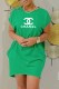 Green Casual Print Letter O Neck Irregular Dress Dresses