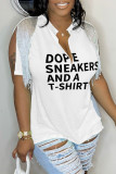 Coffee Casual Letter Print Tassel Patchwork V Neck T-Shirts