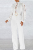 Red Casual Solid Hollowed Out Patchwork With Belt O Neck Straight Jumpsuits(With A Belt)