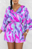 Rose Purple Sexy Print Patchwork With Belt V Neck Loose Rompers(With A Belt)