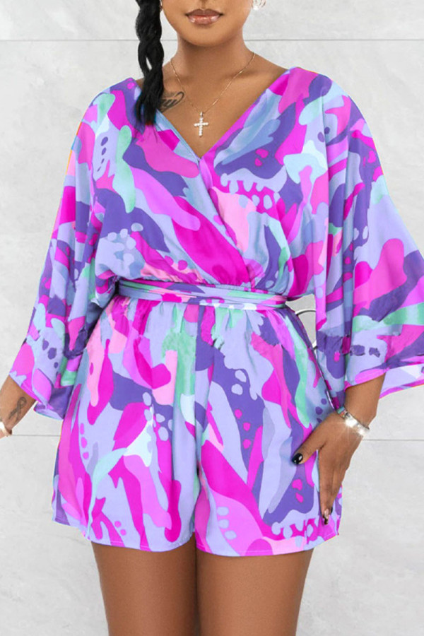 Rose Purple Sexy Print Patchwork With Belt V Neck Loose Rompers(With A Belt)