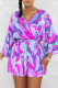 Rose Purple Sexy Print Patchwork With Belt V Neck Loose Rompers(With A Belt)