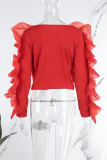 Red Elegant Solid Patchwork Appliques O Neck Tops