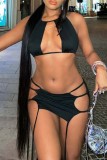 Black Sexy Solid Bandage Backless Asymmetrical O Neck Sleeveless Two Pieces
