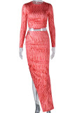 Tangerine Sexy Print Bandage Patchwork Draw String Slit O Neck Long Sleeve Two Pieces