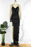 Black Sexy Solid Tassel Patchwork Asymmetrical Spaghetti Strap Evening Dress Dresses