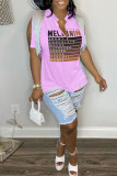 Coffee Casual Letter Print Tassel Patchwork V Neck T-Shirts