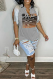 Coffee Casual Letter Print Tassel Patchwork V Neck T-Shirts