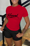 Red Casual Letter Print Basic O Neck Short Sleeve Two Pieces