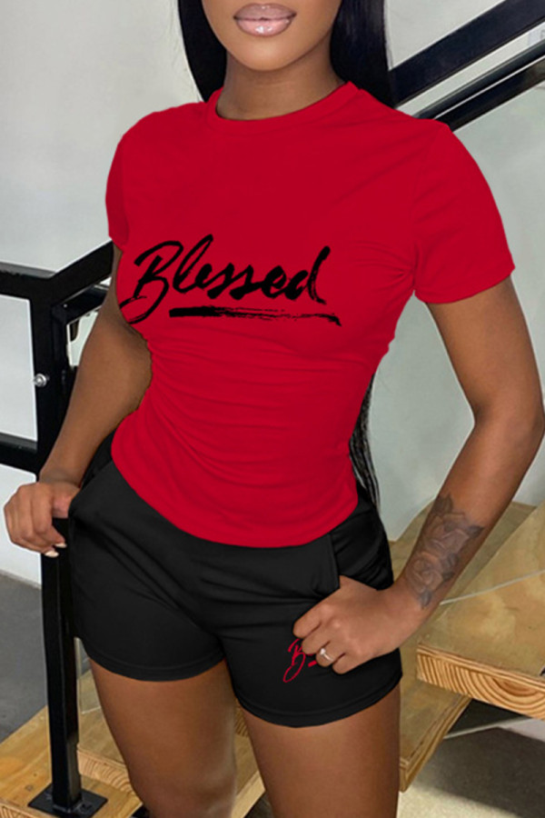 Red Casual Letter Print Basic O Neck Short Sleeve Two Pieces