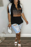 Coffee Casual Letter Print Tassel Patchwork V Neck T-Shirts