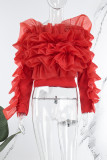 Red Elegant Solid Patchwork Appliques O Neck Tops