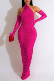 Rose Red Sexy Solid Patchwork Fold Halter Pencil Skirt Dresses(Including The Sleeve)