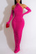 Rose Red Sexy Solid Patchwork Fold Halter Pencil Skirt Dresses(Including The Sleeve)