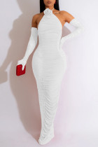 White Sexy Solid Patchwork Fold Halter Pencil Skirt Dresses(Including The Sleeve)