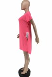 Rose Red Casual Print Letter O Neck Irregular Dress Dresses