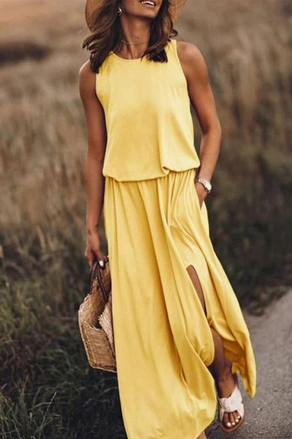 Yellow Work Elegant Solid Slit O Neck A Line Dresses