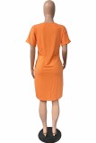 Orange Casual Print Letter V Neck A Line Dresses