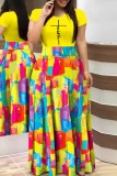 Yellow Casual Print Patchwork O Neck Short Sleeve Dress Plus Size Dresses