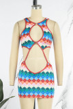 Colour Sexy Print Hollowed Out Patchwork Backless O Neck Pencil Skirt Dresses