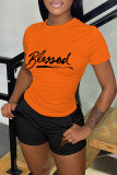 Red Casual Letter Print Basic O Neck Short Sleeve Two Pieces